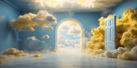 Wall Mural - 3d render, abstract background. Clouds flying inside the blue room. Architectural showcase scene with empty pedestal.