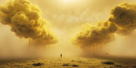 Wall Mural - 3d render, abstract background. Clouds flying inside the yellow room. Architectural showcase scene with empty pedestal.