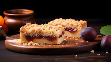 Crumbly Shortbread Pie With Plum And Apple Jam On Wooden Board Fruit And Streusel Dessert With Copyspace For Text