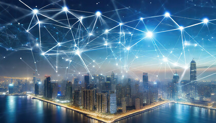 Wall Mural - Celestial Connections and networking concept with abstract business city background