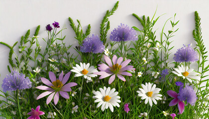 Wall Mural - floral pattern with wildflowers and green grass on white table