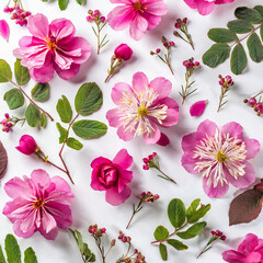 Wall Mural - floral pattern with pink flowers on white background; flat lay