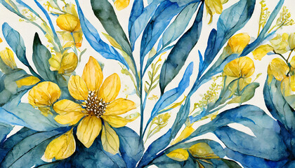 Wall Mural - floral pattern; watercolor hand drawn illustration; botanical art; blue, yellow