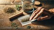 Cannabis joint rolling in Amsterdam coffee shop - man with CBD weed, marijuana buds, glass jars