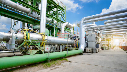 Wall Mural - Industrial zone, Steel pipelines, valves and cables during operation in a factory