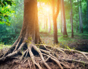 nature concept - tree with roots in the forest background