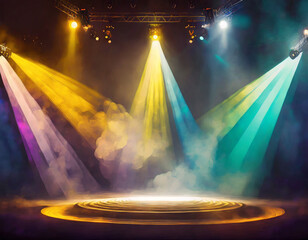 Stage light with colored spotlights and smoke. Concert and theatre dark scene