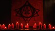 Mystical bright red pentagram on the wall. Candles in a dark room. AI generative.