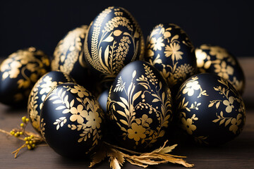 Sticker - Easter eggs painted in black and gold colors with a floral pattern