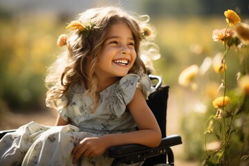 Wall Mural - Nature's Joyful Embrace: Embraced by the beauty of nature, a girl with disabilities enjoys a moment of pure joy in her wheelchair on the verdant lawn