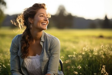 Wheelchair Wellness Oasis: Discovering a wellness oasis, a young disabled woman embraces a moment of joy in her wheelchair amidst the peaceful greenery