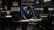 © DC Studio - African american private investigator standing and cross-checking clues and evidence with laptop. Black policeman with criminology knowledge examines forensic files and classified research data.