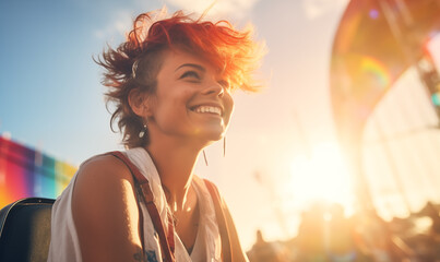 Candid happy young lesbian woman smiling celebrating gay pride LGBTQ festival