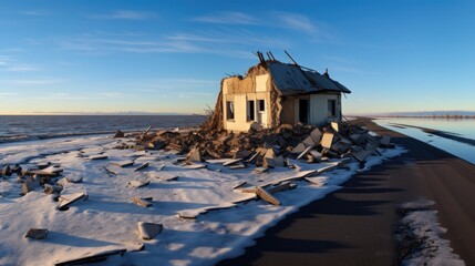 Poster - An abandoned house on the beach with snow on the ground. Generative AI.