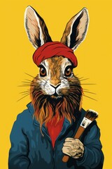 Poster - A rabbit wearing a red cap and holding paintbrush, AI