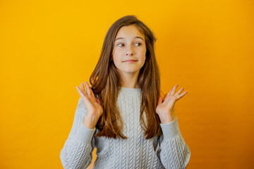 Thinking face, thoughtful emotions of cute teenager girl. Thoughtful teenage child girl. Portrait of a kid thinking. Pensive girl