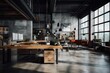Urban Elegance: Cinematic Industrial Atmosphere in Modern Office with Concrete and Wood Accents