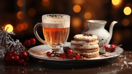 Poster - A cup of tea and some cookies on a plate