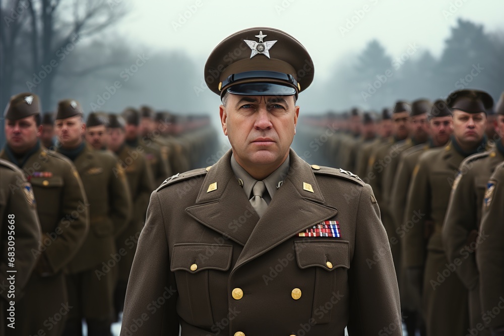 world war. portrait of general in front of row of soldiers before ...