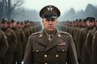 world war. portrait of general in front of row of soldiers before battle, retro style