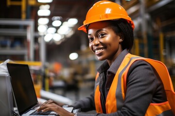 Wall Mural - Young cheerful African American female engineer, technician or worker on a factory floor. Confident black woman in safety helmet and vest operates complex industrial equipment using laptop.
