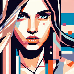 Wall Mural - fashion girl,close-up,flat illustration, geometric shapes, look into camera,colorful niji5-- style expressive