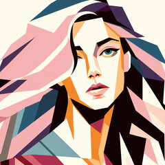 Wall Mural - fashion girl,close-up,flat illustration, geometric shapes, look into camera,colorful niji5-- style expressive