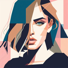 Wall Mural - fashion girl,close-up,flat illustration, geometric shapes, look into camera,colorful niji5-- style expressive