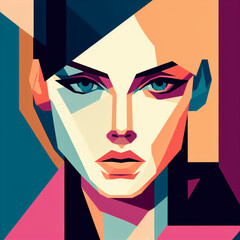 Wall Mural - fashion girl,close-up,flat illustration, geometric shapes, look into camera,colorful niji5-- style expressive