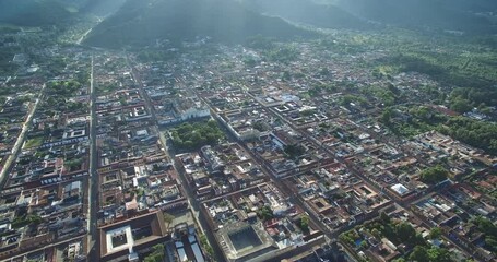 Poster - Antigua City in Guatemala. Beautiful Old Town and Downtown. Drone Point of View. Sightseeing