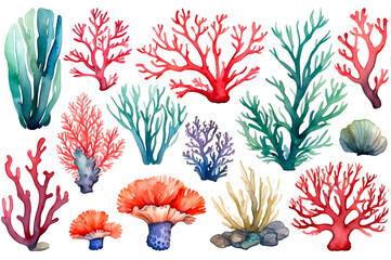 Set of watercolor seaweed and corals isolated on transparent background