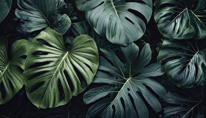 Wall Mural - Tropical leaves, dark jungle background, color toned
