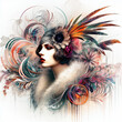 Abstract fantasy illustration featuring a close up portrait of striking 1920's Gatsby girl, pheasant cloche, fur stole, inspired by [Rolf Armstrong, Margaret Keane, Paul Poiret], enveloped in colorful