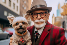 Generative AI Illustration Elderly Gentleman In A Dapper Red Suit And Hat Poses With His Adorable Small Dog On A City Street
