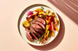 © ADDICTIVE STOCK - Generative AI illustration of top view of a plate with a succulent roast beef, precisely sliced and served alongside a medley of roasted vegetables and potatoes placed on table
