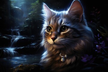 Wall Mural - A painting of a cat sitting in front of a waterfall.