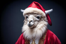 Alpaca Dressed As Santa Claus. Winter Christmas Holidays, Cute And Funny Animals, And Exotic Holiday Concept.