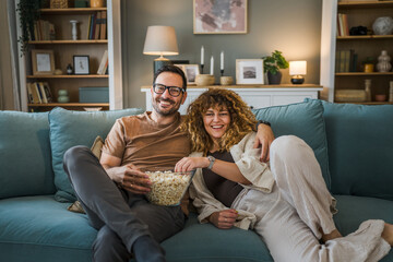 Couple caucasian man and woman sit at home on sofa bed watch tv movie