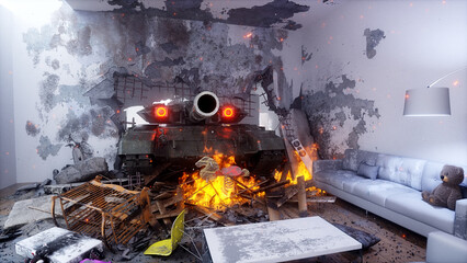 Poster - anti-war concept. military tank invaded in house. 3d rendering.