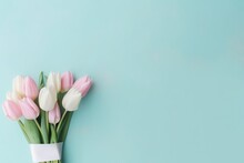 Beautiful Composition Spring Flowers. Bouquet Of Pink White Tulips Flowers Pastel Blue Background. Valentine's Day, Easter, Birthday, Happy Women's Day, Mother's Day. Flat Lay, Top View, Copy Space