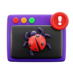 beta test application debugging app window with bug and warning symbol cyber security 3d icon illustration render design