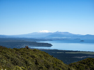 Wall Mural - Snow-covered Mount Ruapehu and Lake Taupo from Tauhara hill top lookout