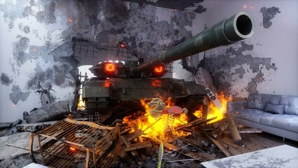 Poster - anti-war concept. military tank invaded in house. Realis3d rendering.