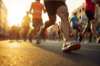 © JetHuynh - people running in a marathon, Sports, a city street, a group of people running in a race, a close-up shot of a person's legs, early morning