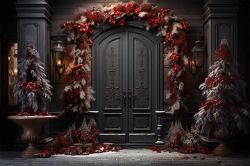 Wall Mural - New Year door background concept in Christmas decoration in red colors.Christmas door decoration with beautiful traditional wreath. Christmas celebration, home decoration . Copy space.