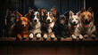 Group portrait of dogs of various shapes, sizes, and breeds. Stray pets with happy expression waiting for adoption. 