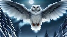 満月の冬に飛ぶシロフクロウ｜Snowy Owl Flying In Winter With Full Moon Generative AI
