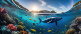 Fototapeta Do akwarium - Whales are swimming underwater with beautiful colorful corals.