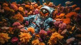 Fototapeta Do akwarium - Astronaut in beautiful field of flowers