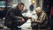 a poignant moment on an American street on a cold, rainy day. A passer-by man, empathetic and compassionate, offers food and money to a homeless man with old clothes and messy, dirty grey hair, sittin